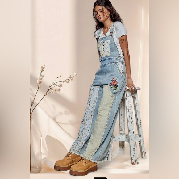 POL Floral Patchwork Jean Overalls Embroidered Bohemian Denim Jumpsuit - Picture 5 of 8